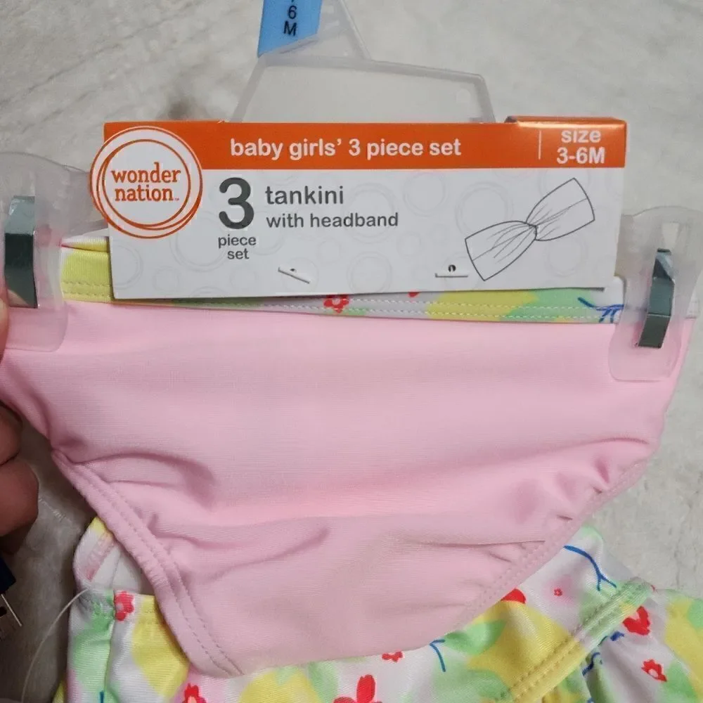 NWT Wonder Nation Baby Girl Swim Tankini Swim Set and Headband, 3-Piece
